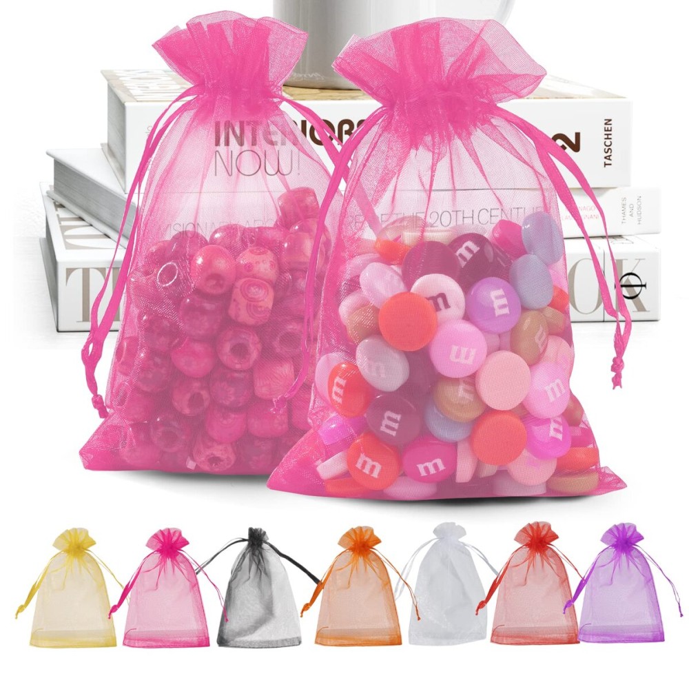 ANZNKU 50 Pack Pink Organza Bags 4 x 6 inch, Premium Sheer Drawstring Organza Bags for Christmas Candy Jewelry Party Wedding Favor Gift Bag
