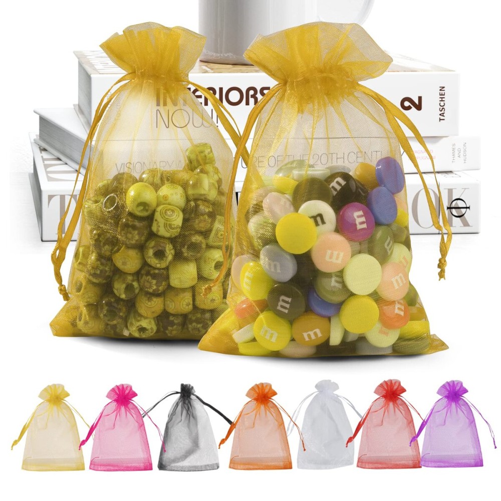 ANZNKU 50 Pack Organza Bags 4 x 6 inch Small Mesh Bags, Premium Gold Favor Bag with Drawstring, Sheer Mesh Bag, Gift Pouches Small Size, Jewelry Pouches for Wedding Party Christmas