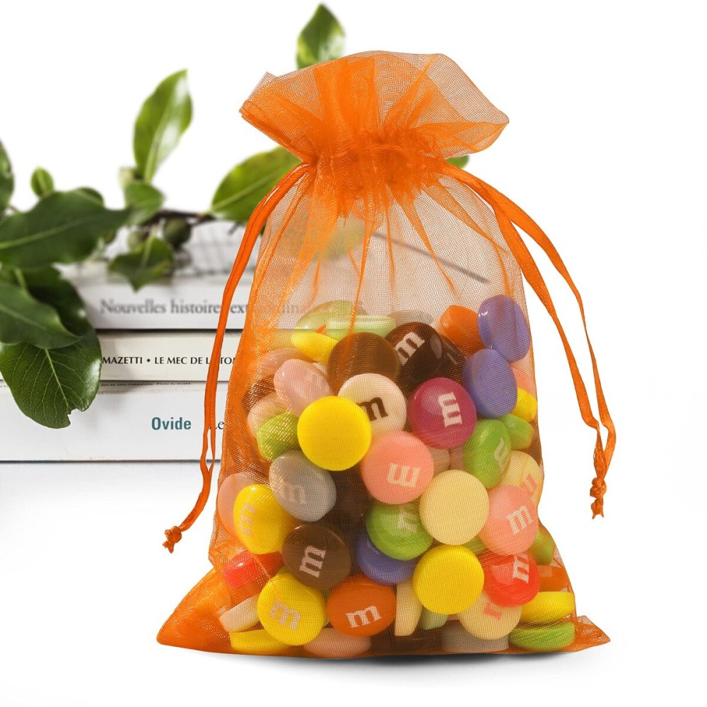 ANZNKU 50 Pack Organza Bags 4 x 6 inch Premium Sheer Drawstring Small Gift Bags for Halloween Candy Jewelry Party Wedding Halloween Christmas Favor (Orange)