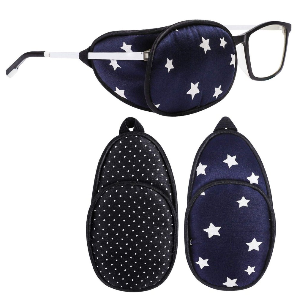 eZAKKA Eye Patches for Adults, Eye Patch for Glasses, Silk Patch for Lazy Eye Amblyopia Strabismus and After Surgery (Blue with Star+Black Polka Dots)