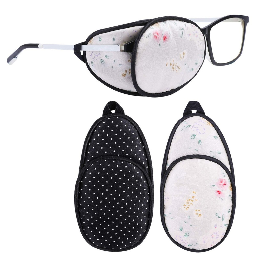 eZAKKA Eye Patches for Adults, Eye Patch for Glasses, Silk Patch for Lazy Eye Amblyopia Strabismus and After Surgery (Floral+Black Polka Dots)