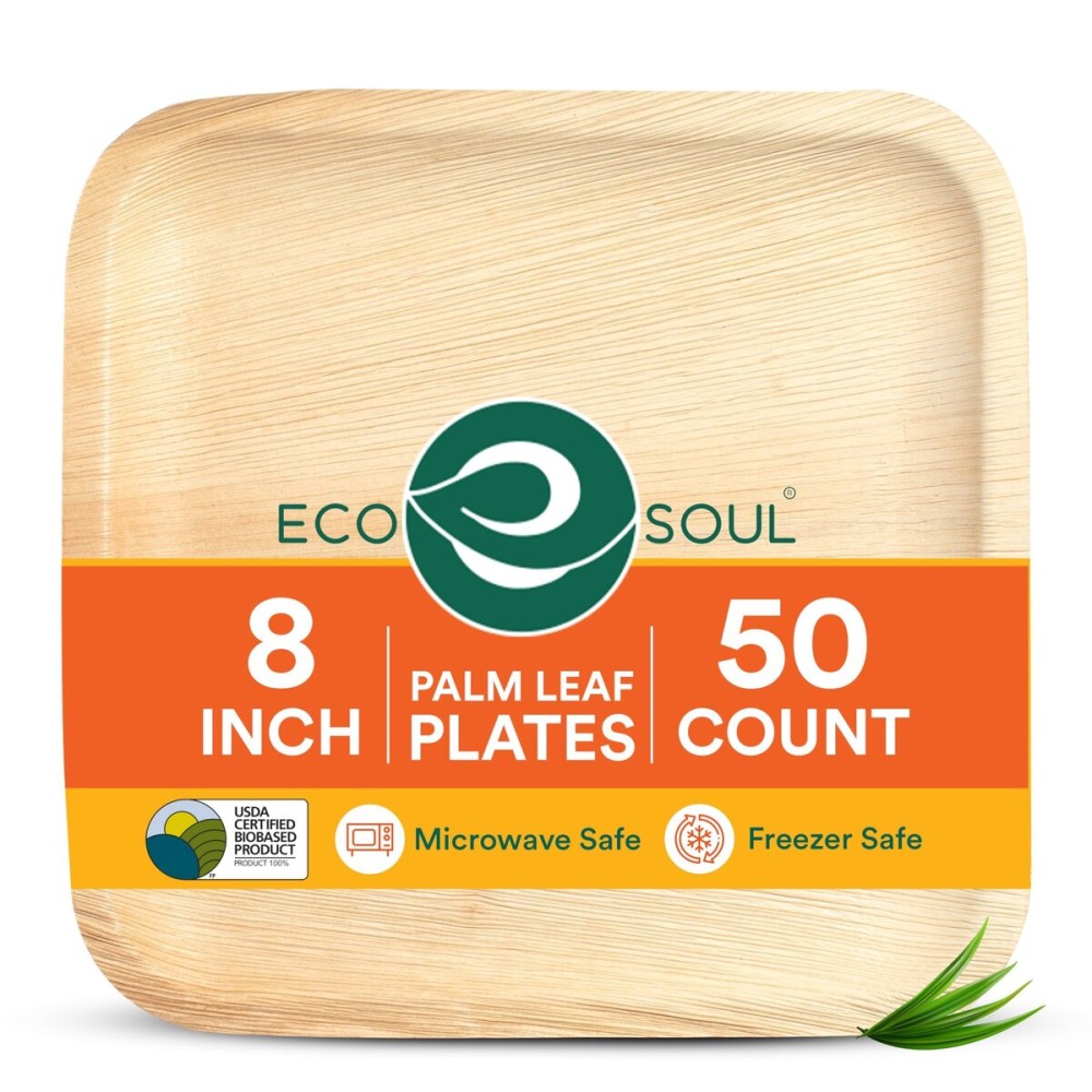 ECO SOUL Palm Leaf Plates 8(50 Count) Square Compostable Bamboo Plates Heavy- Duty, Biodegradable Eco-Friendly Dinnerware for Christmas Party Dinner, Wedding, Holiday & Event