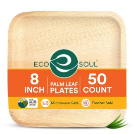 ECO SOUL Palm Leaf Plates 8(50 Count) Square Compostable Bamboo Plates Heavy- Duty, Biodegradable Eco-Friendly Dinnerware for Christmas Party Dinner, Wedding, Holiday & Event
