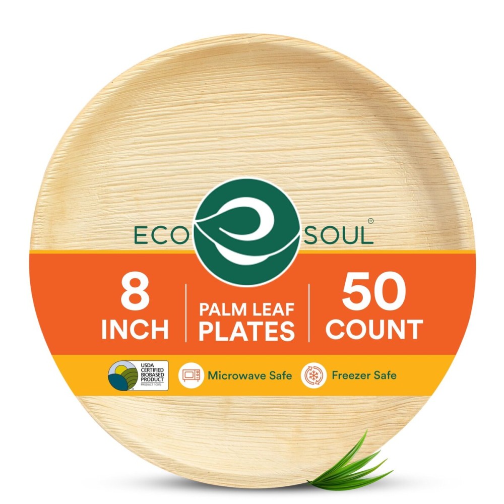 ECO SOUL Palm Leaf Plates 8(50 Count) Round Compostable Bamboo Plates Heavy- Duty, Biodegradable Eco-Friendly Dinnerware for Christmas Party Dinner, Wedding, Holiday & Event