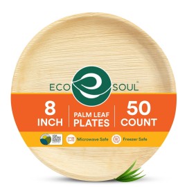 ECO SOUL Palm Leaf Plates 8(50 Count) Round Compostable Bamboo Plates Heavy- Duty, Biodegradable Eco-Friendly Dinnerware for Christmas Party Dinner, Wedding, Holiday & Event