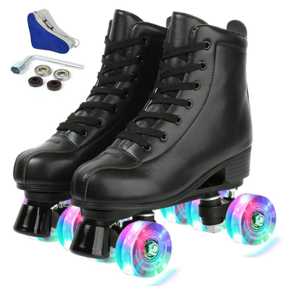 YYW Roller Skates for Women Men, High Top PU Leather Classic Double-Row Indoor Outdoor Roller Skates for Beginner a Shoes Bag (Black Flash Wheel, 39)