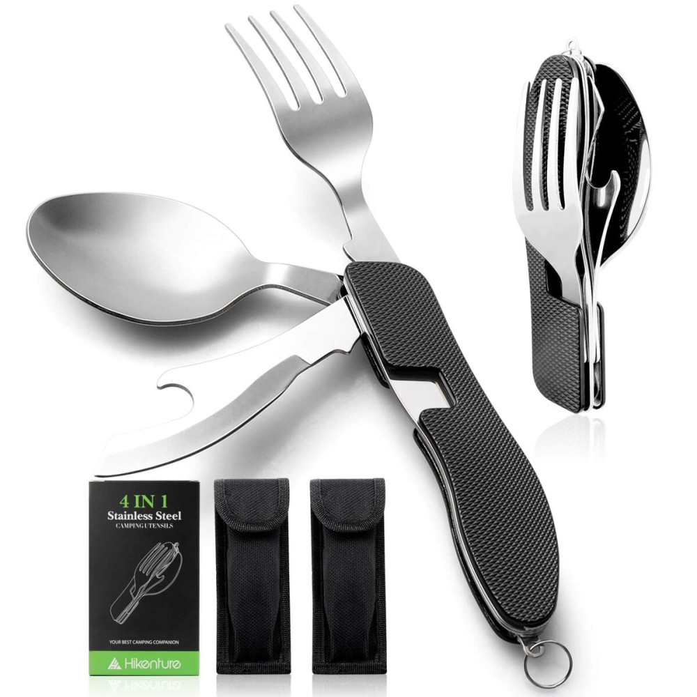 HIKENTURE Camping Utensils with Case 4-in-1 Folding Flatware Stainless Steel Fork Knife Spoon Bottle Opener Travel Cutlery Hobo Multitool Set(Black 2 Pack)