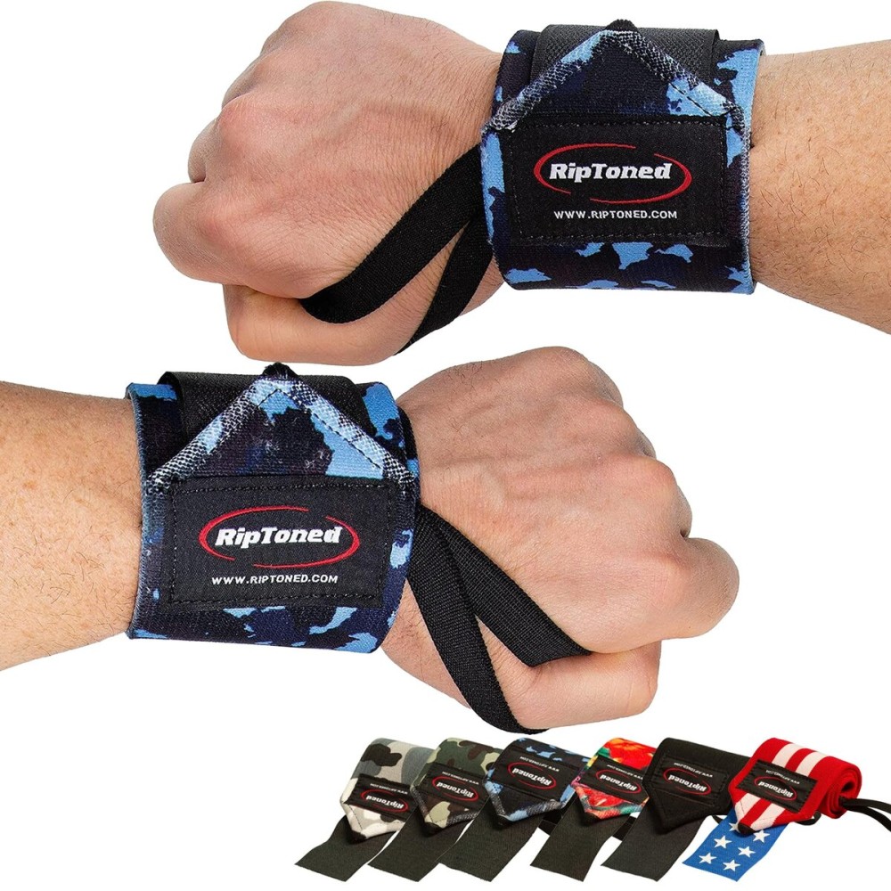 Rip Toned Wrist Wraps for Weightlifting - USPA & USAPL Approved 18 Wrist Straps for Powerlifting - Adjustable, Durable Gym Wraps with Thumb Loop - Maximum Support for Men & Women - Blue Camo Stiff
