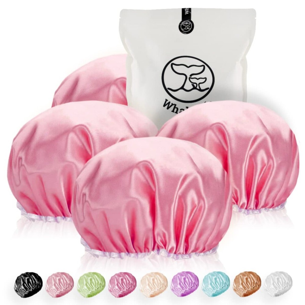 Shower Cap for Women Reusable Extra Large Shower Cap for Men (Pink 4 Pack Large) Satin Double Layer EVA Waterproof Long Hair Cap