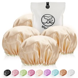 Shower Cap for Women Reusable Extra Large Shower Cap for Men (Golden 4 Pack Large) Satin Double Layer EVA Waterproof Long Hair Cap