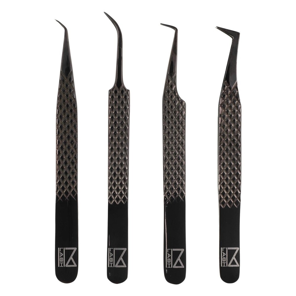 M LASH Tweezers for Eyelash Extensions (Set of 4) - Professional Lash Extension Tweezers - Fiber Tip, Japanese Steel, Diamond Grip Eyelash Extension Tweezer set (Black)
