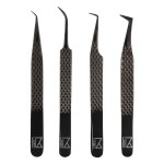 M LASH Tweezers for Eyelash Extensions (Set of 4) - Professional Lash Extension Tweezers - Fiber Tip, Japanese Steel, Diamond Grip Eyelash Extension Tweezer set (Black)