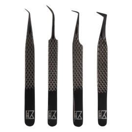 M LASH Tweezers for Eyelash Extensions (Set of 4) - Professional Lash Extension Tweezers - Fiber Tip, Japanese Steel, Diamond Grip Eyelash Extension Tweezer set (Black)