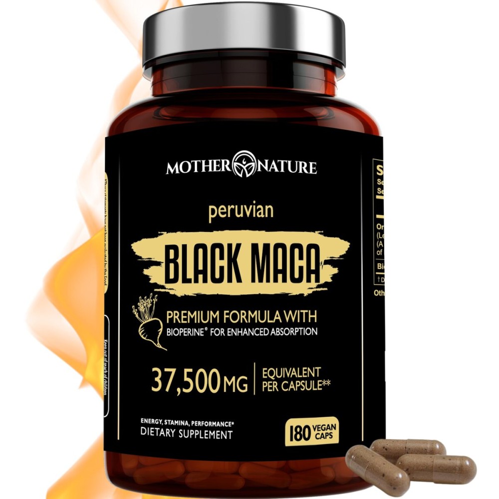 Black Maca Root 50:1 Extract 37,500mg - 180 Capsules Organic Peruvian Maca Peruana Supplement for Men | High Potency Energy, Mood & Performance Support | Vegan, Non-GMO