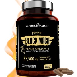 Black Maca Root 50:1 Extract 37,500mg - 180 Capsules Organic Peruvian Maca Peruana Supplement for Men | High Potency Energy, Mood & Performance Support | Vegan, Non-GMO