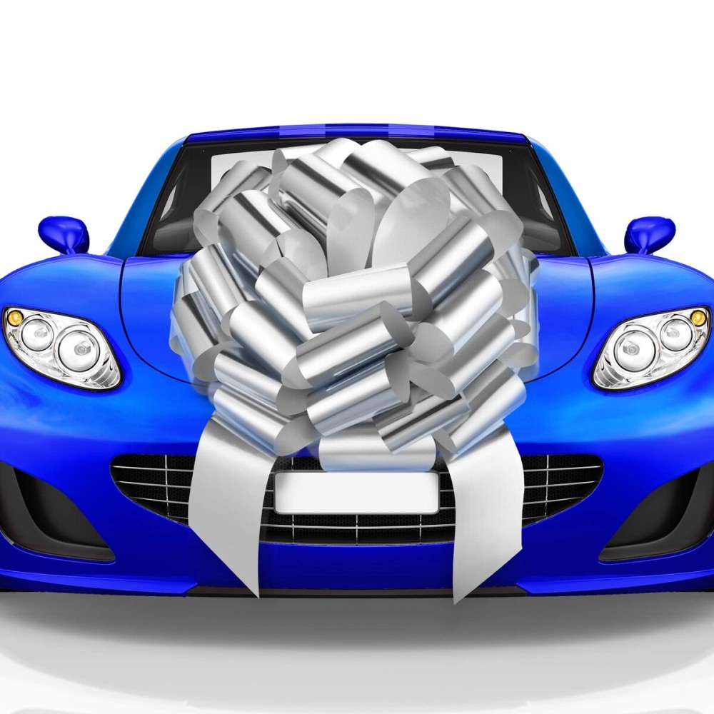 Mata1-USA - Huge Car Bow - Silver, 23 Inch - Big Gift Wrapping Bow for Large Gift Decoration - Giant Size for Indoor & Outdoor Use - 26 Loops & 4 Stickers