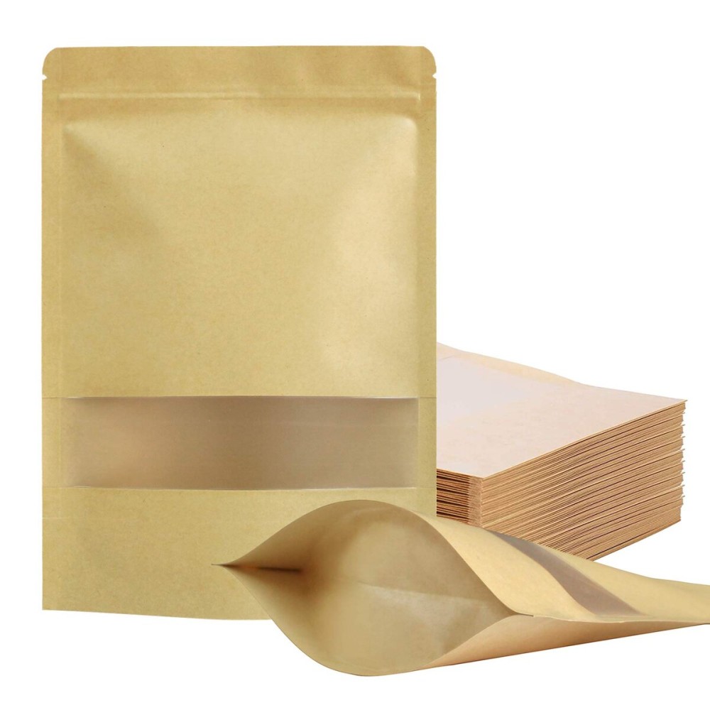 FireKylin 100 Pcs Resealable bags,7.1 x 10.2 Stand Up Paper Bags with Matte Window, Zipper Food Storage Bags for Packaging Products, Reusable, Sealable