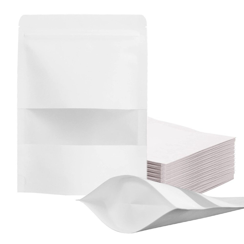 FireKylin 100 Pcs Resealable bags,5.5 x 7.9 Stand Up White Paper Bags with Matte Window, Zipper Food Storage Bags for Packaging Products, Reusable, Sealable