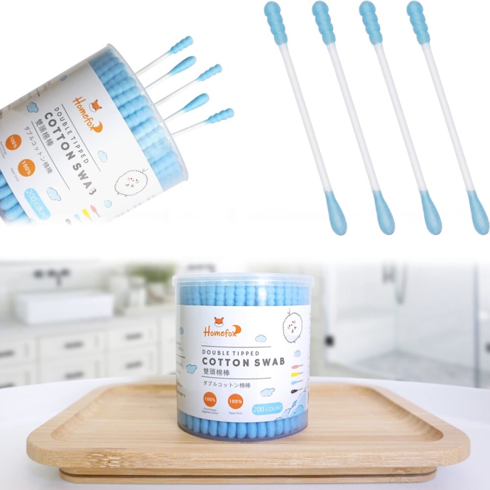 HOMEFOX Blue Cotton Swabs Spiral - 200 Count Organic Cotton Buds Double Side Tightly Wrapped Cotton Tips Paper Stick Soft Gentle Lint-Free Cruelty-Free, Round & Spiral (Blue)