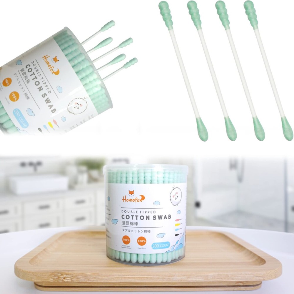 HOMEFOX Green Cotton Swabs Spiral - 200 Count Organic Cotton Buds Double Side Tightly Wrapped Cotton Tips Paper Stick Soft Gentle Cruelty-Free Lint-Free, Round & Spiral (Green)