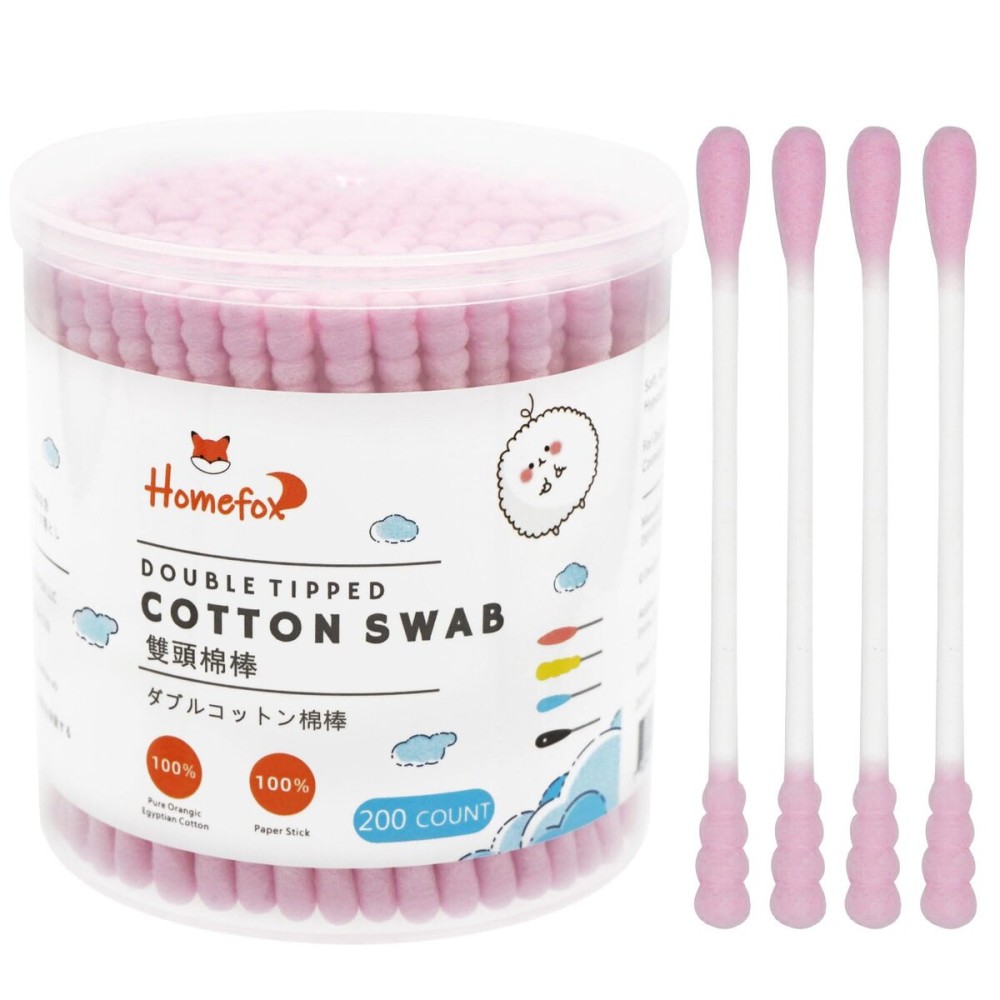 HOMEFOX Pink Cotton Swabs Spiral - 200 Count Organic Cotton Buds Double Side Tightly Wrapped Cotton Tips Paper Stick Soft Gentle Lint-Free Cruelty-Free, Round & Spiral (Pink)