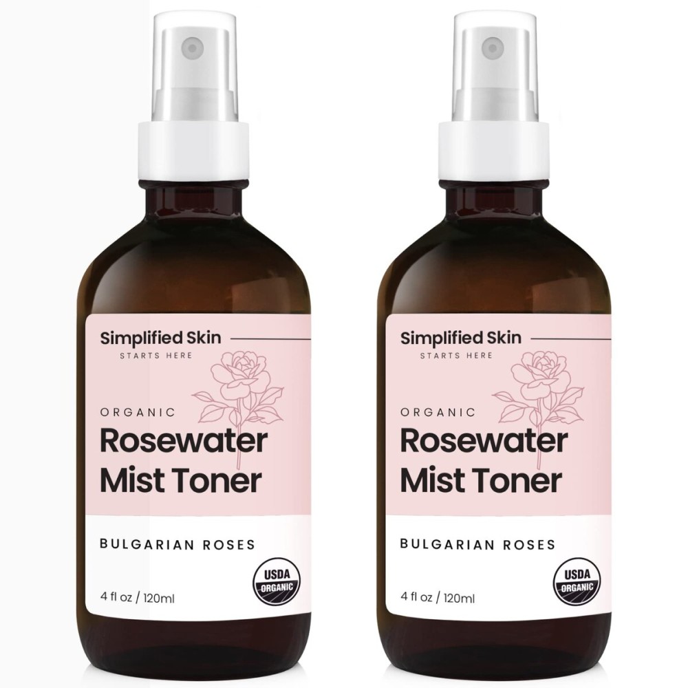 Rose Water Spray for Face & Hair - Pure USDA Organic Rosewater Toner - Refreshing Mist for Skin Care, Makeup & Locs - Natural Rose Scent, 4 Oz (2 Pack)