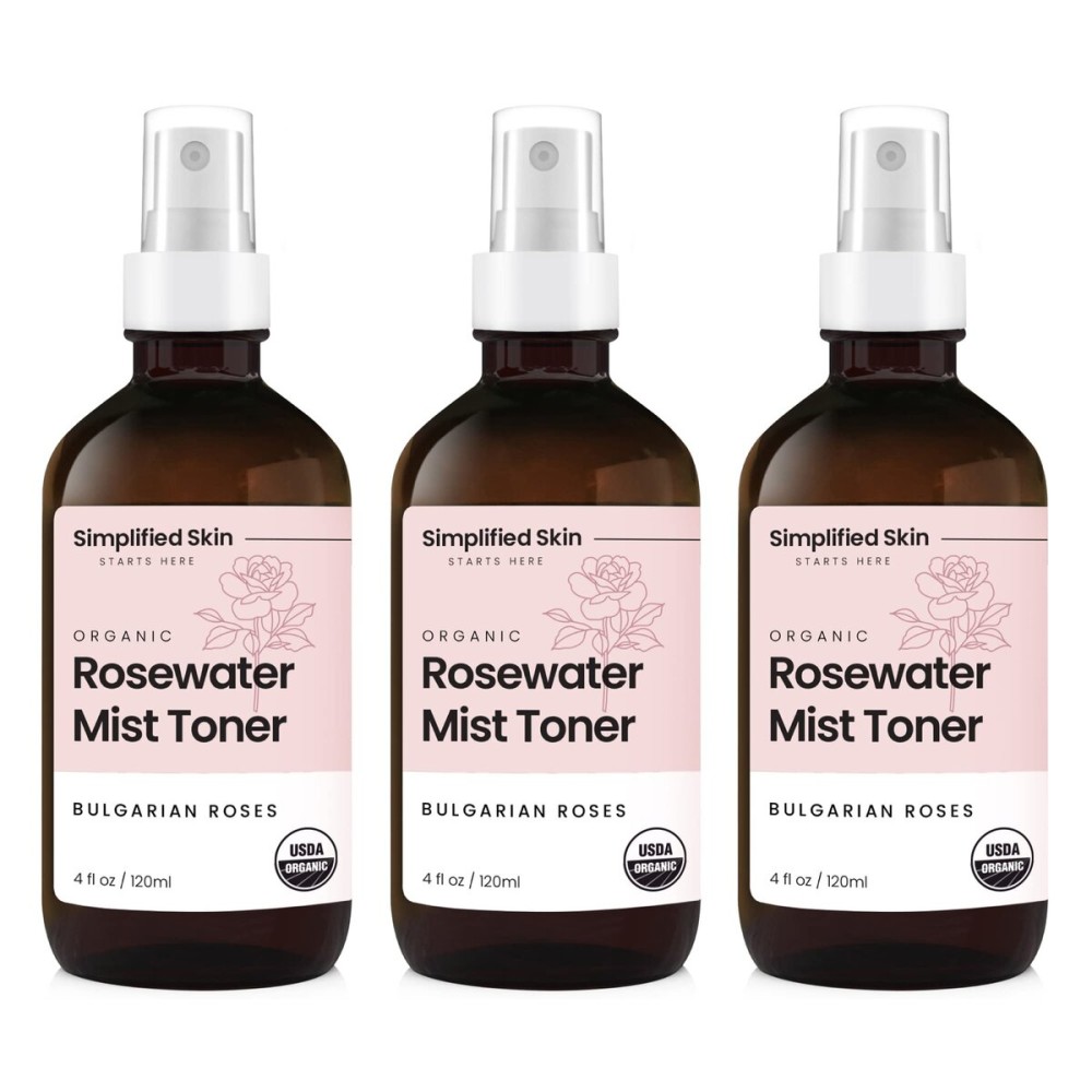 Rose Water Spray for Face & Hair - Pure USDA Organic Rosewater Toner - Refreshing Mist for Skin Care, Makeup & Locs - Natural Rose Scent, 4 Oz (3 Pack)