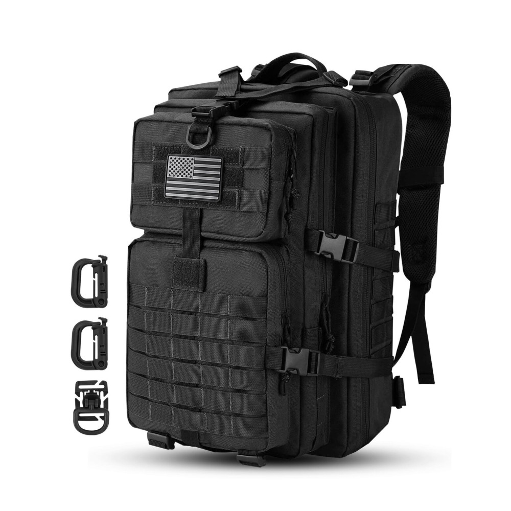 Hannibal Tactical MOLLE Assault Backpack, Tactical Backpack Military Army Camping Rucksack, 3-Day Pack, D-Rings, Black with Gray Patch