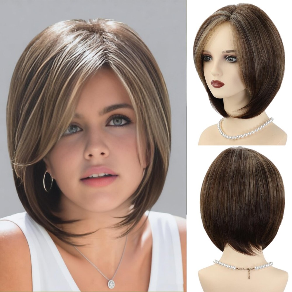 XIUFAXIRUSI XIUFAXIRUSI Short Brown Bob Wigs for White Women Shoulder Length Brown Highlights Straight Wig with Side Bangs Natural Looking Synthetic Hair Wig