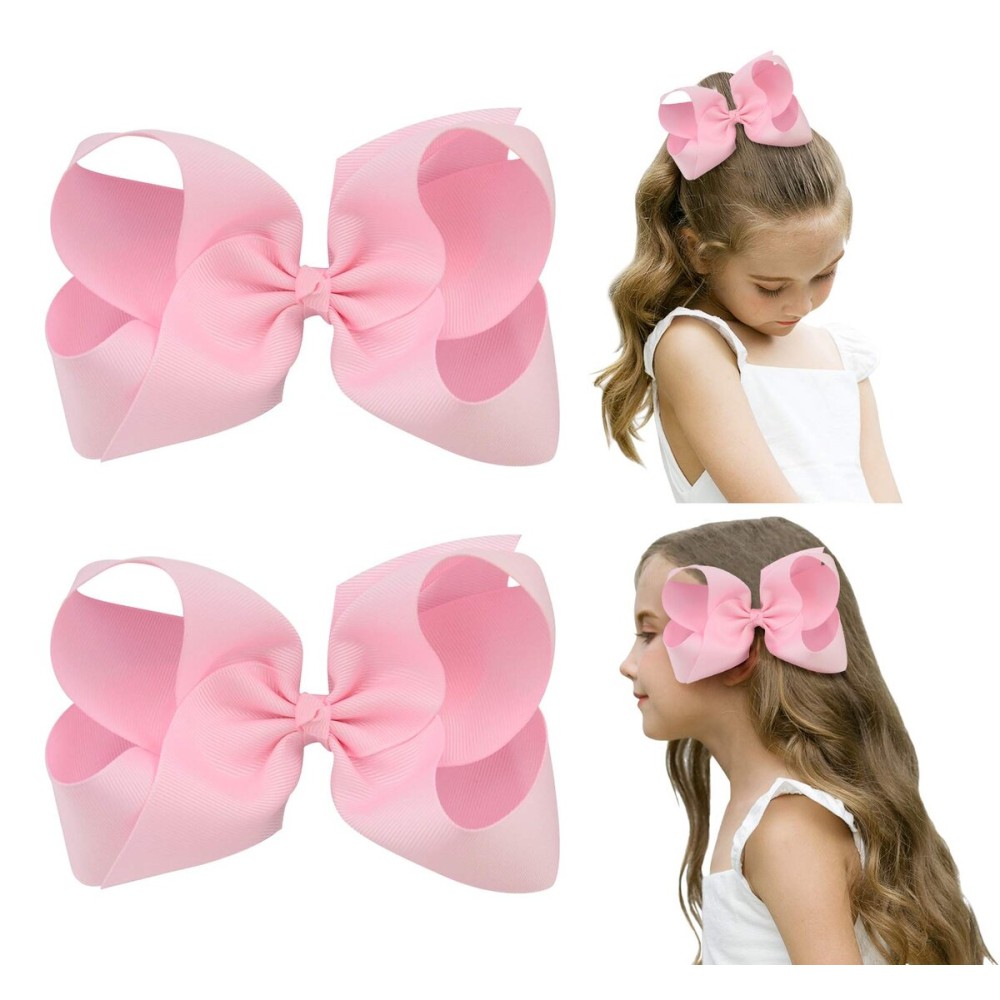 DEEKA 2 PCS 6 Big Hand-made Grosgrain Ribbon Solid Color Hair Bows Alligator Clips Hair Accessories for Little Teen Toddler Girls Kids Set of 2 -Light Pink