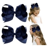DEEKA 2 PCS 6 Big Hand-made Grosgrain Ribbon Solid Color Hair Bows Alligator Clips Hair Accessories for Little Teen Toddler Girls Kids Set of 2 -Navy Blue