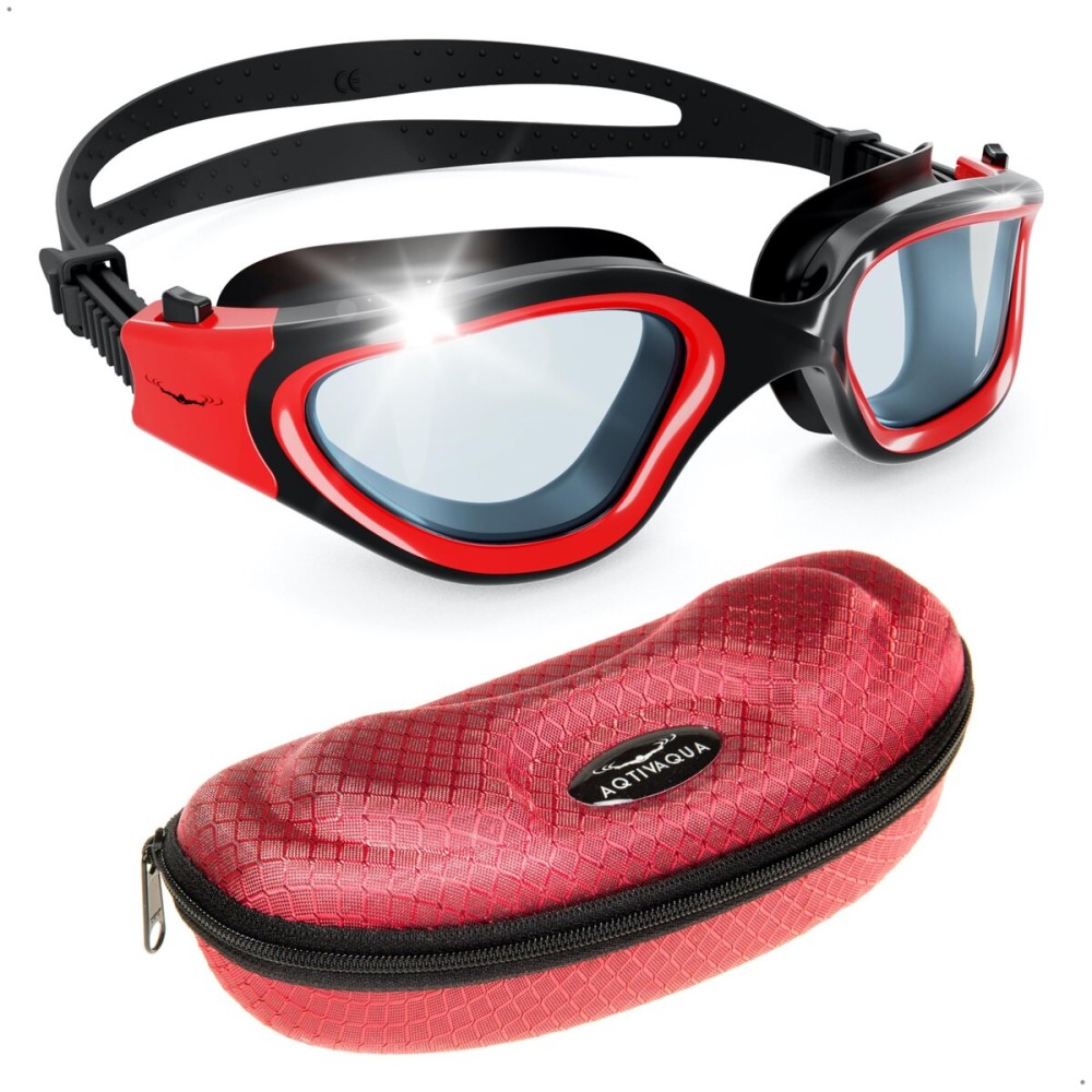 AqtivAqua Swimming Goggles Swim Goggles for Adults Men Women Kids Youth Girls Boys Children DX (Clear-Lenses Red/Black-Frame)