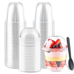 Zezzxu 50 Pack 12 oz Plastic Dessert Cups with Dome Lids (No Hole) and Sporks, Clear Disposable Fruit Cups with Lids for Yogurt Parfait Ice Creams Pudding Cakes