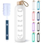 PROBTTL 32 Oz Borosilicate Glass Water Bottle with Time Marker Reminder Quotes, 1 Liter Leak Proof Reusable BPA Free Motivational Water Bottles with Silicone Sleeve and Bamboo Lid (White)