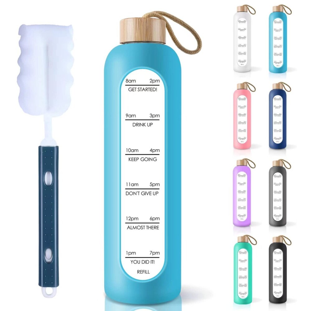 PROBTTL 32 Oz Borosilicate Glass Water Bottle with Time Marker Reminder Quotes, 1 Liter Leak Proof Reusable BPA Free Motivational Water Bottles with Silicone Sleeve and Bamboo Lid (Sky Blue)