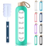 PROBTTL 32 Oz Borosilicate Glass Water Bottle with Time Marker Reminder Quotes, 1 Liter Leak Proof Reusable BPA Free Motivational Water Bottles with Silicone Sleeve and Bamboo Lid (Aqua)