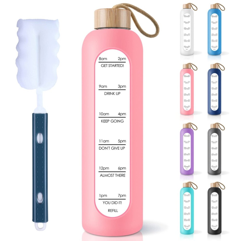 PROBTTL 32 Oz Borosilicate Glass Water Bottle with Time Marker Reminder Quotes, 1 Liter Leak Proof Reusable BPA Free Motivational Water Bottles with Silicone Sleeve and Bamboo Lid (Pink)