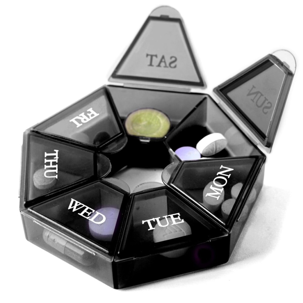 Deke Home - Small Weekly Pill Organizer, Round Pill Dispenser for Travel, Mini Pill Organizer, Compact Medicine Holder, Pill Sorters 7 Days, Portable Vitamin Container, BPA Free (Food Grade)