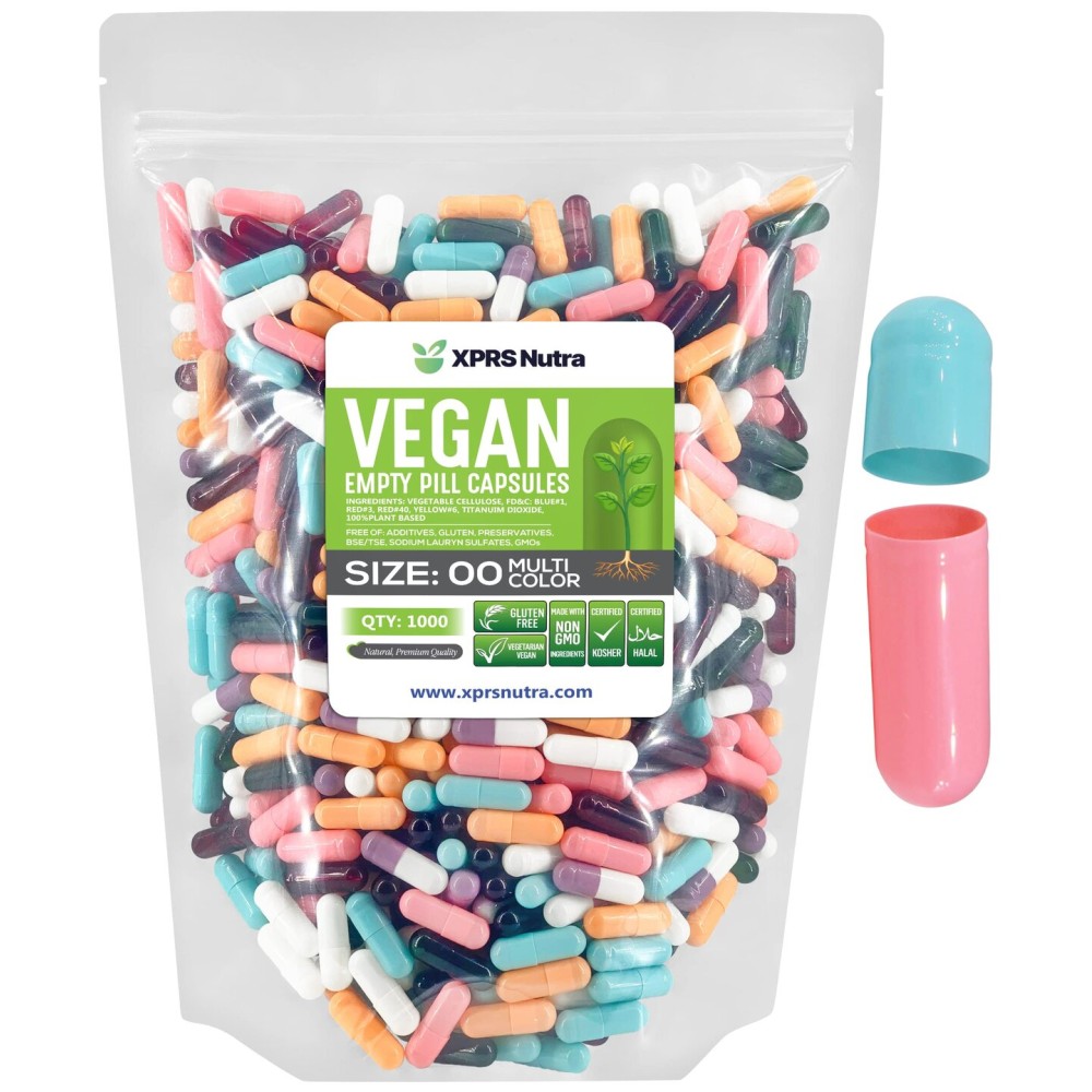 XPRS Nutra Size 00 Empty Capsules - 1000 Count Empty Vegan Capsules - Vegetarian Empty Pills - DIY Vegetable Capsule Filling- Veggie Pill Caps (Multi Color)
