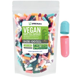 XPRS Nutra Size 00 Empty Capsules - 500 Count Empty Vegan Capsules - Vegetarian Empty Pills - DIY Vegetable Capsule Filling- Veggie Pill Caps (Multi-Color)