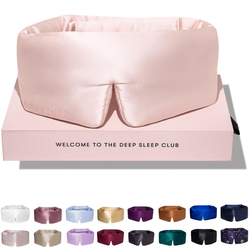DROWSY Silk Sleep Mask - Face-Hugging, Padded Cocoon for Luxury Sleep in Total Darkness - 100% Pure Mulberry Silk (Sunset Pink)