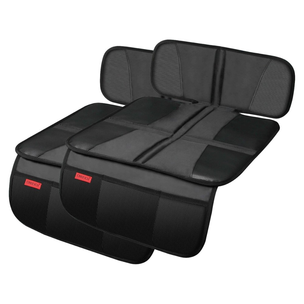 Kaiphy Car Seat Protector - Seat Protection Mat - Thick Padding - Durable, Waterproof Fabric, Leather Reinforced Corners & 3 Pockets for Handy Storage (2 Pack) Black