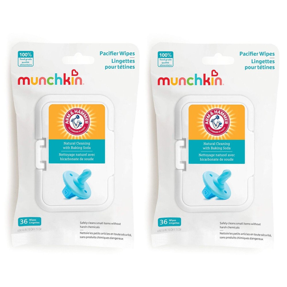 Munchkin Arm & Hammer Pacifier Wipes - Safely Cleans Breast Pump Parts and Feeding Essentials for Baby and Toddler, 2 Pack, 72 Wipes