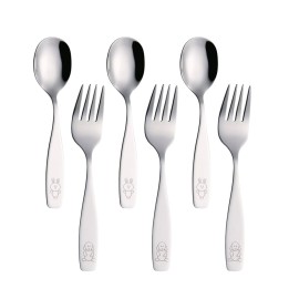Exzact Children Flatware 6pcs - 3 x Forks, 3 x Spoons - Toddler Utensil Kids Silverware Cutlery Stainless Steel - Dishwasher Safe