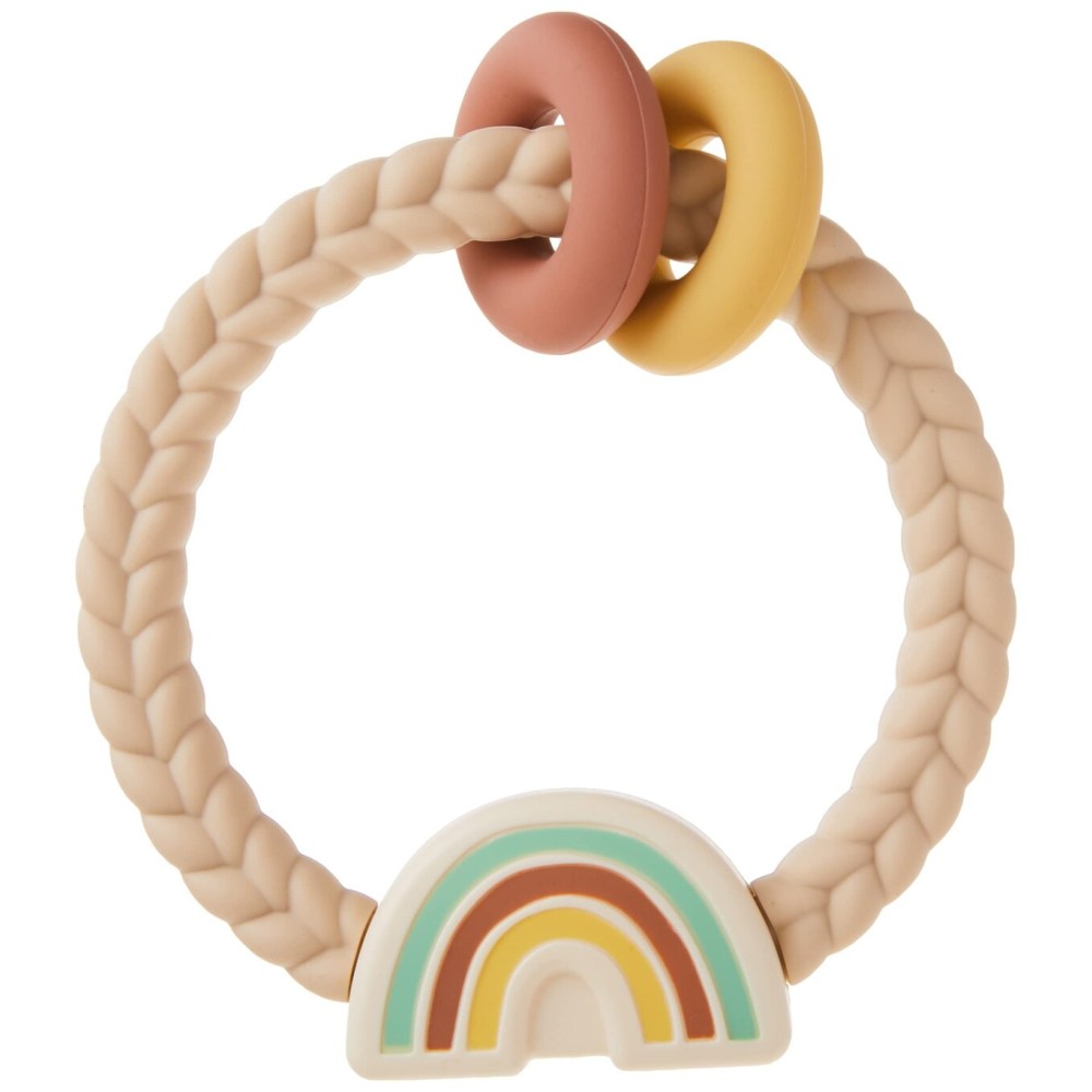 Itzy Ritzy Silicone Teether with Rattle; Rattle Teether Features Rattling Sound, Two Silicone Teething Rings and Raised Texture to Soothe Gums; Ages 3 Months and Up (Neutral Rainbow)