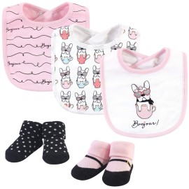 Hudson Baby Unisex Baby Cotton Bib and Sock Set, Pink Bonjour, One Size