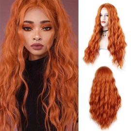 WECAN Orange Wig for Women Deep Wave 28 Inches Hair Replacement Wigs Long Wavy Ginger Wig Water Wave Middle Part Curly Synthetic Lace Wig For Cosplay Daily Use(Orange)