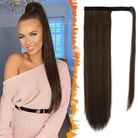 BARSDAR Chocolate Brown Straight Wrap Ponytail Extension - 24 Inch Long Straight Wrap Around Ponytail Hair Extensions for Women, Synthetic Clip in Brown Pony Tails Hairpieces Daily