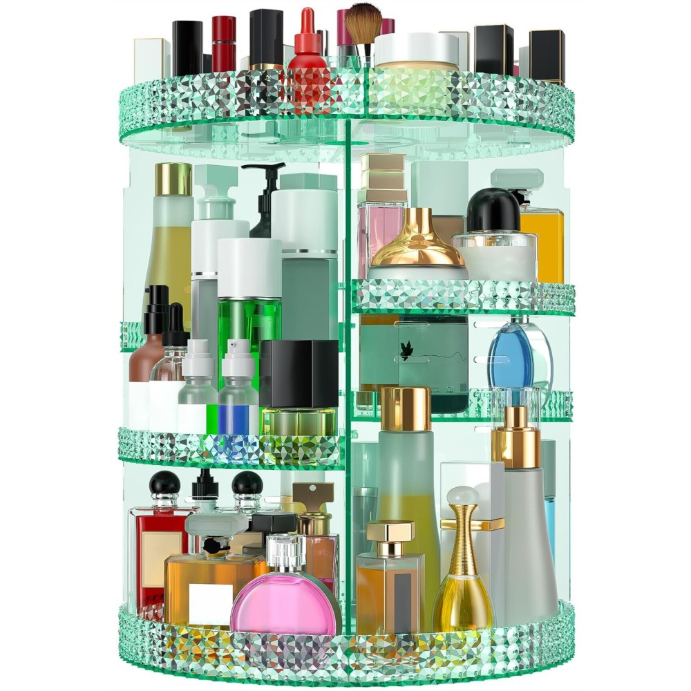 HEMTROY 360 Degree Rotating Makeup Organizer, Extra Large Capacity Organizador De Maquillaje, Removable DIY 7 Layers Cosmetics Organizer, Acrylic Perfume Organizer for Vanity Countertop (Green)