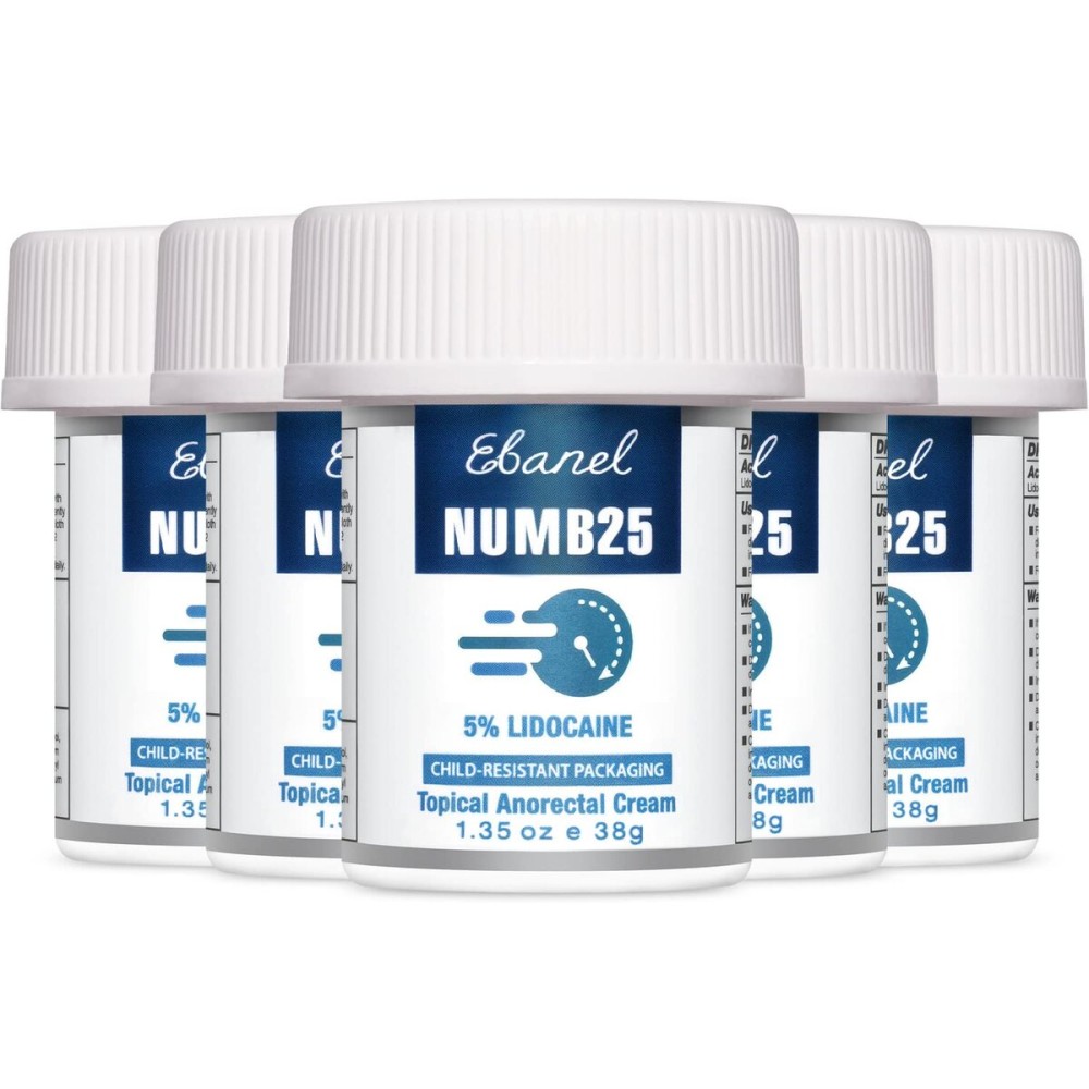 Ebanel 5% Lidocaine Numbing Cream, Pain Relief Cream Burn Itch Cream, 5-Pack Topical Anesthetic Lidocaine Cream Maximum Strength with Vitamin E for Local and Anorectal Uses, Hemorrhoid Treatment